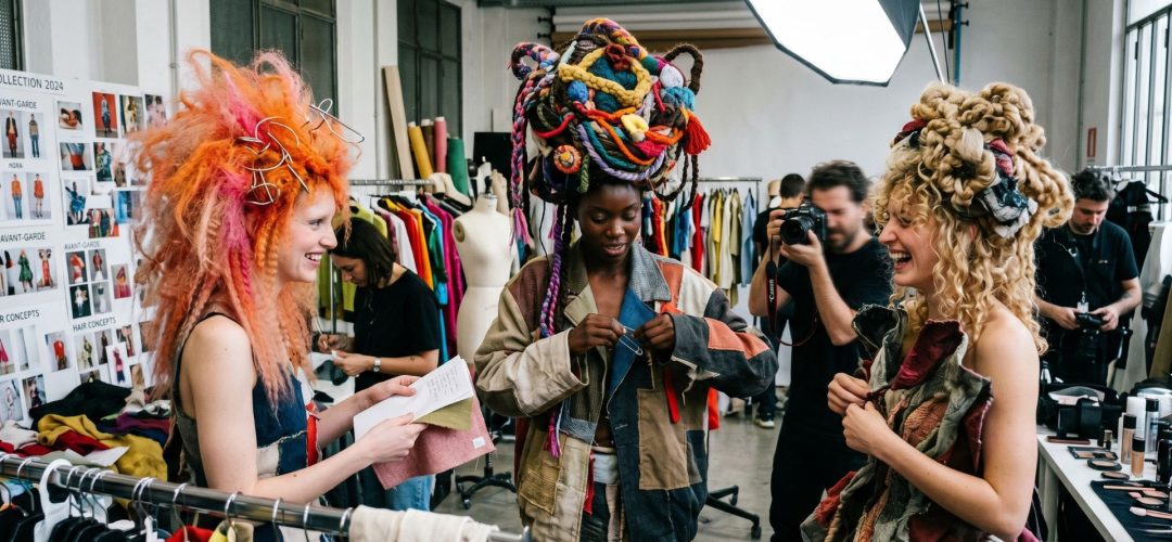Tre modelle nel backstage di un servizio fotografico di moda mentre sfoggiano acconciature artistiche d'avanguardia. A sinistra, capelli rosa con spille da balia; al centro, un enorme copricapo di filati multicolori; a destra, capelli scultorei in tessuto avvolto. Un fotografo è visibile sullo sfondo.