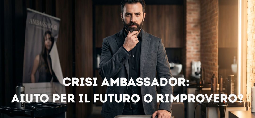 Un uomo barbuto e pensoso in giacca grigia e camicia nera all'interno di un moderno salone di parrucchiere. Un testo sovrapposto grande e bianco al centro recita: "CRISI AMBASSADOR: AIUTO PER IL FUTURO O RIMPROVERO?".