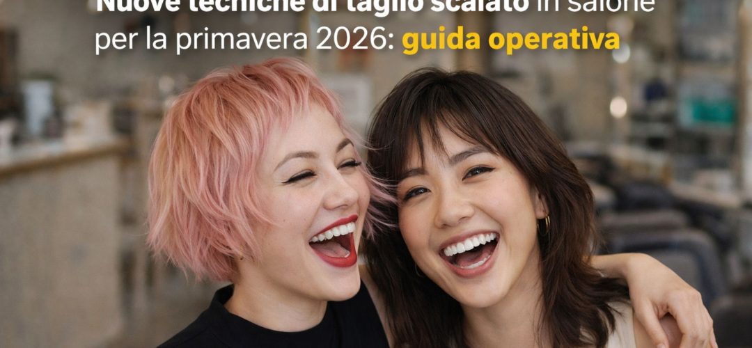 Due modelle sorridenti in salone mostrano un taglio scalato moderno per la primavera 2026, capelli texturizzati e movimento naturale.