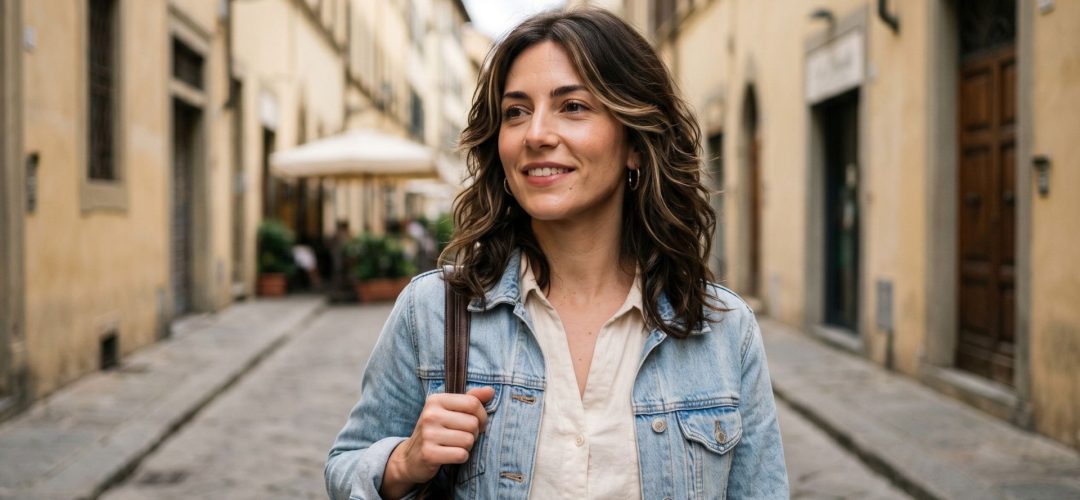 Una donna con capelli castani di media lunghezza e onde morbide, che presentano schiariture bionde e posizionate strategicamente intorno al viso (tecnica Hair Contour 3.0), cammina sorridendo in una strada acciottolata italiana. Indossa una giacca di jeans e una borsa marrone a tracolla.