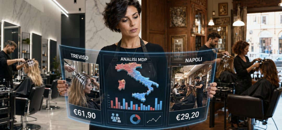 Imprenditrice di un salone di acconciatura analizza i dati statistici sui prezzi dei parrucchieri in Italia su un display interattivo, con il confronto tra le tariffe medie di Treviso (61,90 euro) e Napoli (29,20 euro) e la mappa di Il Magazine del Parrucchiere.