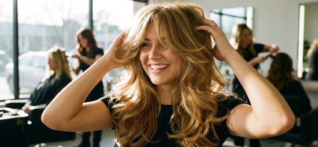 Fotografia realistica in salone di una donna sorridente con taglio capelli Butterfly Cut biondo miele, molto voluminoso con frangia a tendina e onde verso l'esterno, illuminata dalla luce solare.