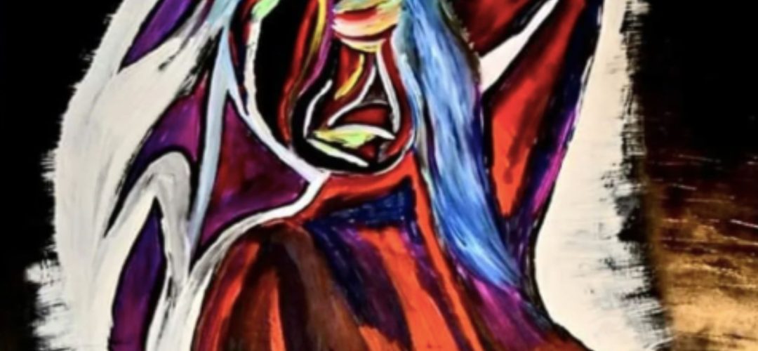 Dipinto espressionista testurizzato di una figura femminile stilizzata in posa passionale, con braccio sollevato e un volto frammentato. Capelli blu brillante e viola, corpo reso con rossi intensi e accenti metallici su fondo nero. Copertina dell'articolo "Arte e Bellezza nell'Hairstyling" di Max Randi per MDP.