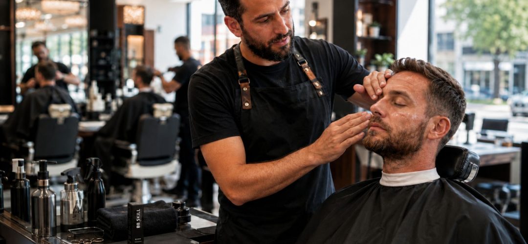 Barbiere professionista applica un trattamento viso a un cliente in un barber shop moderno, con prodotto BB Skill sul banco.