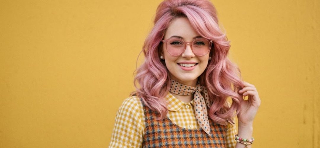 Ragazza sorridente con capelli rosa pastello, acconciatura retrò anni '60, occhiali rosa e abbigliamento vintage su sfondo giallo.