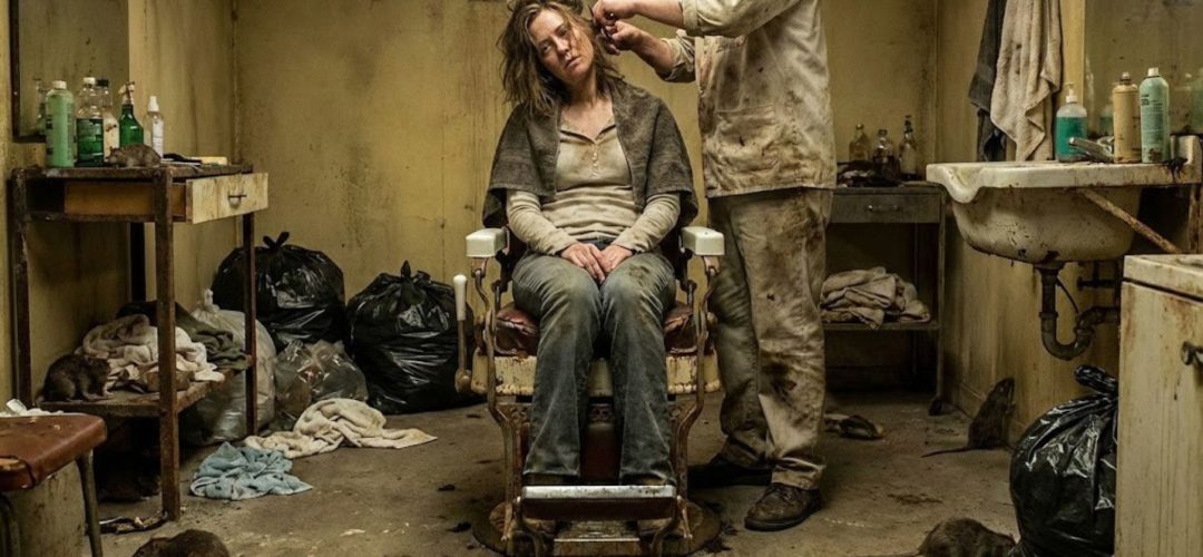 Donna con capelli sporchi e disordinati seduta su una sedia rotta in uno scantinato lurido pieno di spazzatura e topi, mentre un uomo in abiti sporchi le taglia i capelli.