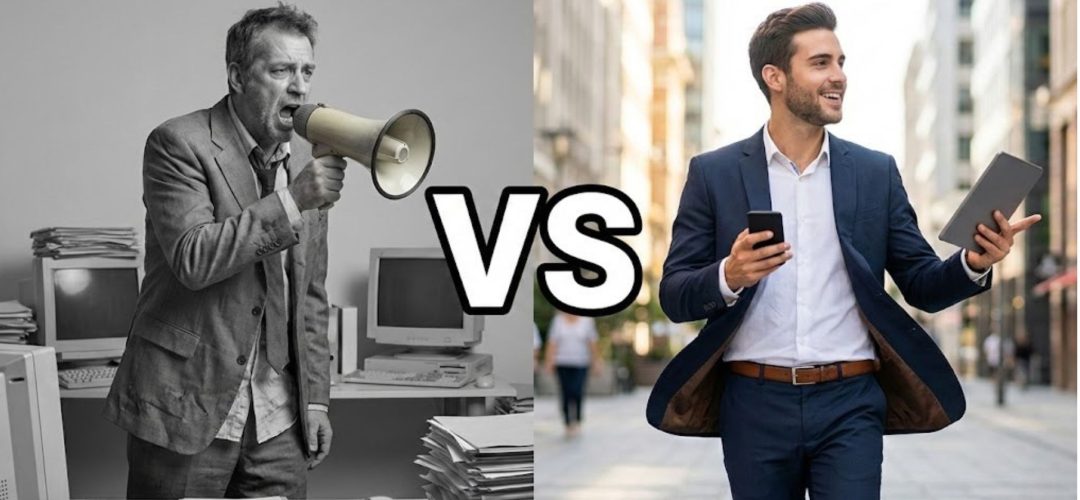 Immagine divisa a metà con scritta VS: a sinistra manager arrabbiato in ufficio grigio che urla col megafono, a destra agente commerciale dinamico e sorridente con smartphone in città.