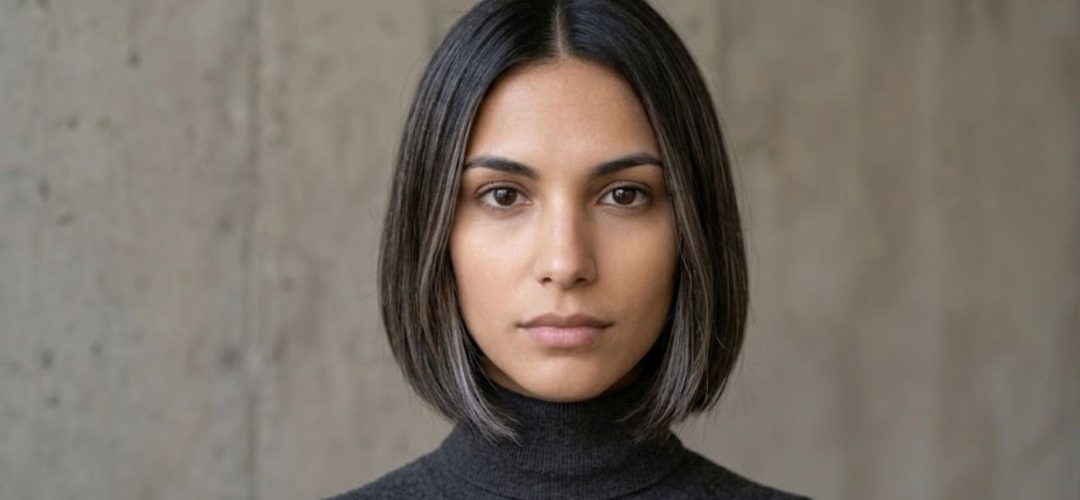 Front-facing half-length photographic portrait of a contemporary woman with a dark bob haircut featuring distinct grey and silver highlights, wearing a dark grey turtleneck, against a textured concrete wall.