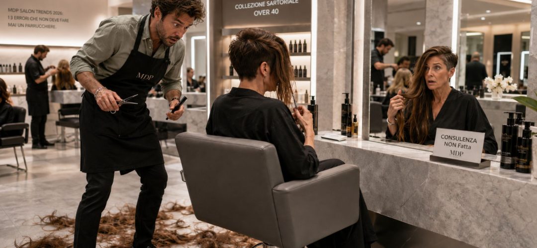 Parrucchiere nel panico dopo un taglio sbagliato mentre una cliente guarda sorpresa il risultato nello specchio di un salone MDP.