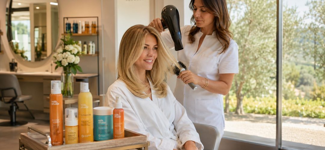 Parrucchiera applica un trattamento estivo protettivo sui capelli biondi e lucenti di una cliente in un salone moderno e luminoso a giugno.