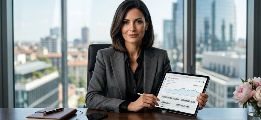 Sara, Beauty Advisor de Il Magazine del Parrucchiere, mostra su un tablet i dati analitici del traffico: 150.000 visualizzazioni mensili e target femminile alto-spendente.