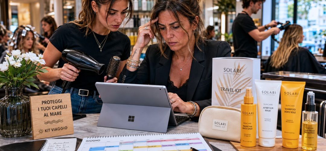 Titolare di salone e giovane hairstylist analizzano un tablet in un salone moderno, con prodotti solari professionali per capelli esposti sul banco.