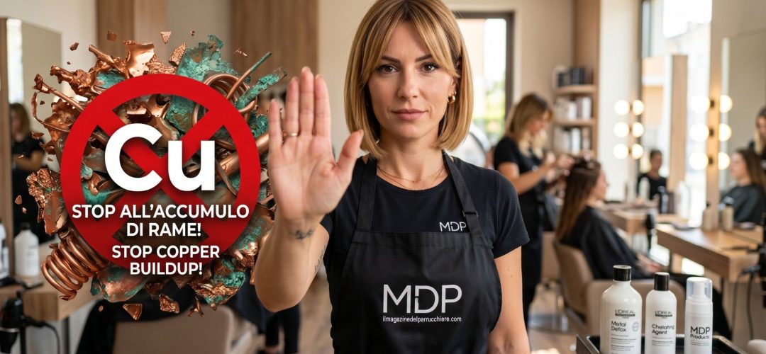 Una parrucchiera bionda in grembiule nero MDP fa un gesto di "stop" con la mano aperta di fronte a un'astrazione metallica di rame con un segnale di divieto rosso e Cu, e la scritta "STOP ALL'ACCUMULO DI RAME!". Sullo sfondo, un salone di bellezza con prodotti "Metal Detox".