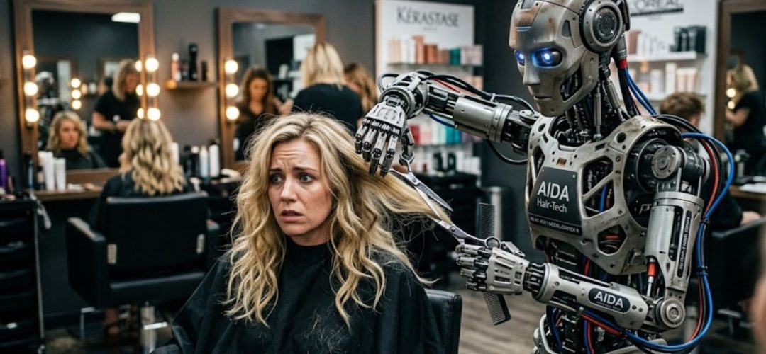 Un robot umanoide metallico con occhi blu luminosi usa forbici e pettine per tagliare i capelli a una cliente visibilmente spaventata all'interno di un salone moderno.