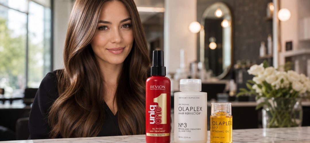 Donna con capelli castani lunghi, lisci e luminosi in un salone moderno, con prodotti Revlon Professional Uniq One e Olaplex in primo piano su un piano in marmo.