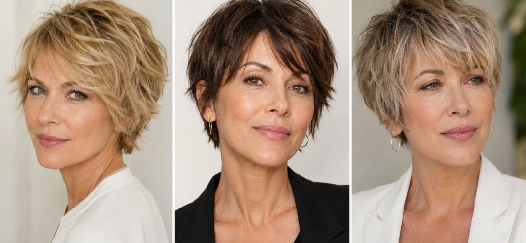 Tre esempi di tagli capelli bixie e pixie cut texturizzati su donne over 40 con diverse sfumature di biondo e castano.