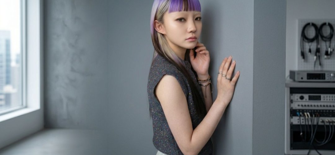 Modella con look capelli Purple Black Mode Design, taglio lungo liscio con micro-frangia viola e biondo platino, in posa di profilo in uno studio fotografico moderno su sfondo grigio.