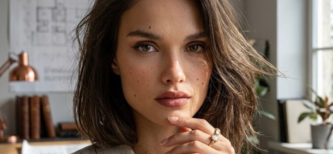 Donna con taglio Kitty Cut castano dorato, scalature morbide e styling voluminoso, ritratto iper-realistico in formato 16:9.