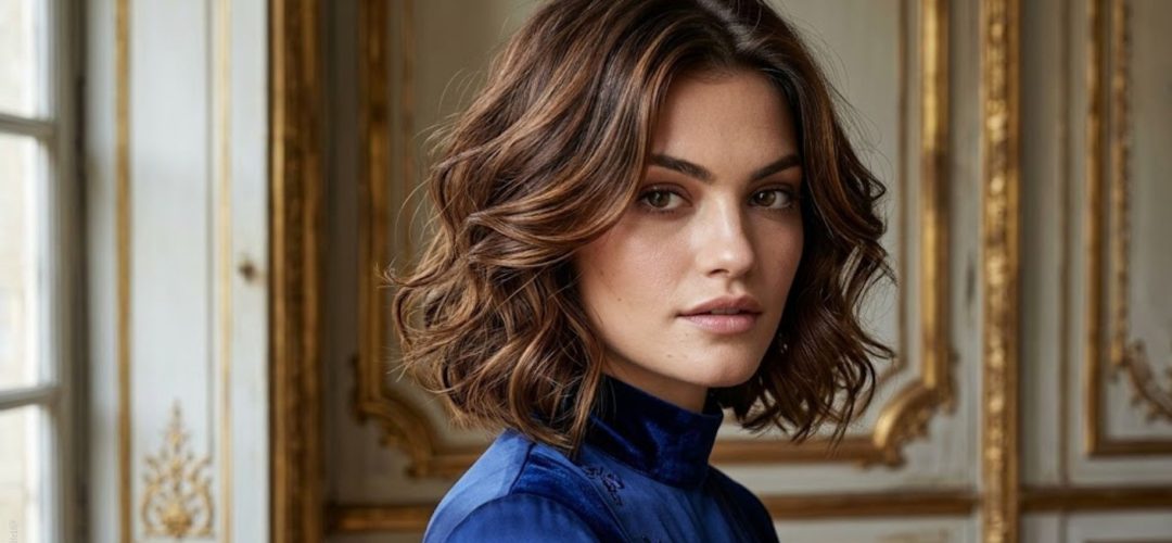 A woman with a shoulder-length wavy bob in chestnut brown with caramel highlights, wearing a blue velvet high-neck dress.