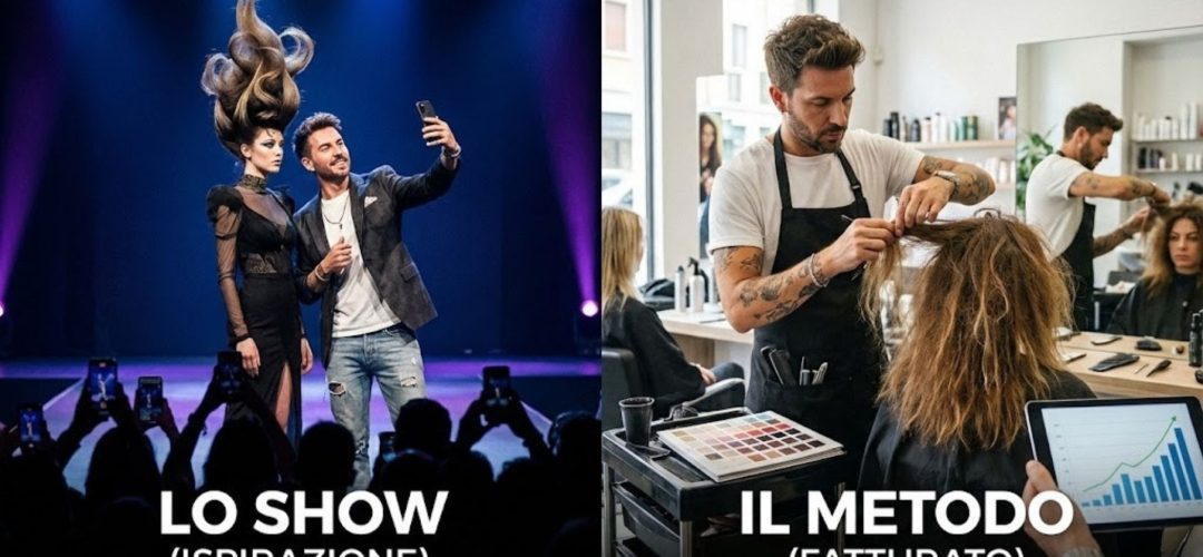 Grafica split-screen formazione parrucchieri: a sinistra hairstylist sul palco per lo show (ispirazione), a destra al lavoro in salone su cliente reale (fatturato e metodo).