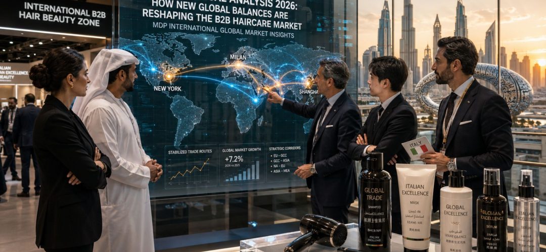 B2B cosmetics trade fair booth at Beautyworld Middle East 2026 in Dubai with international executives analyzing a global haircare market trade route map on a large digital screen.