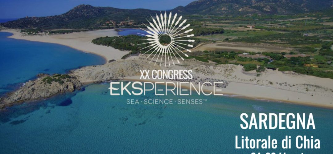 Veduta aerea panoramica della splendida spiaggia e del mare cristallino del Litorale di Chia in Sardegna, con la grafica ufficiale del XX Congress Eksperience.