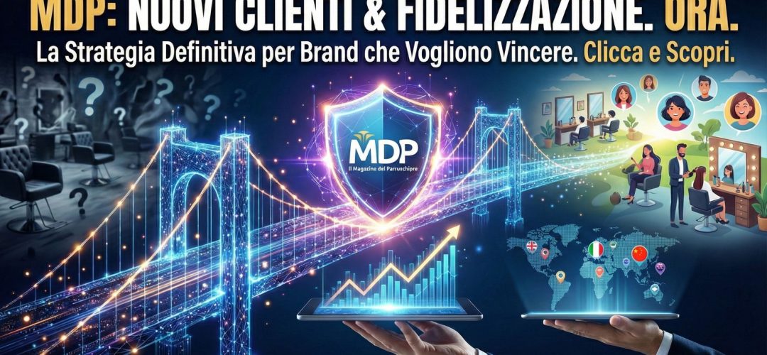 Grafica promozionale con il testo "MDP: NUOVI CLIENTI & FIDELIZZAZIONE. ORA. La Strategia Definitiva per Brand che Vogliono Vincere. Clicca e Scopri.". L'immagine mostra un ponte digitale luminoso che collega un salone con punti interrogativi a un salone con clienti felici, un grafico di crescita su un tablet, una mappa globale con bandiere di Italia, Cina e Regno Unito, e il logo "MDP Il Magazine del Parrucchiere" in uno scudo.