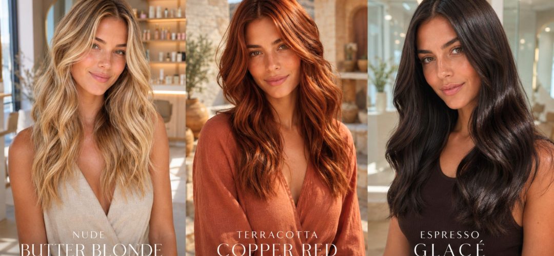 Banner orizzontale editoriale con tre ritratti affiancati della stessa donna che mostrano tre tendenze colore capelli estate: a sinistra Nude Butter Blonde in salone luminoso, al centro Terracotta Copper Red su patio mediterraneo, a destra Espresso Glacé in interno elegante. Ogni look mette in evidenza texture, lucentezza e personalità del colore.