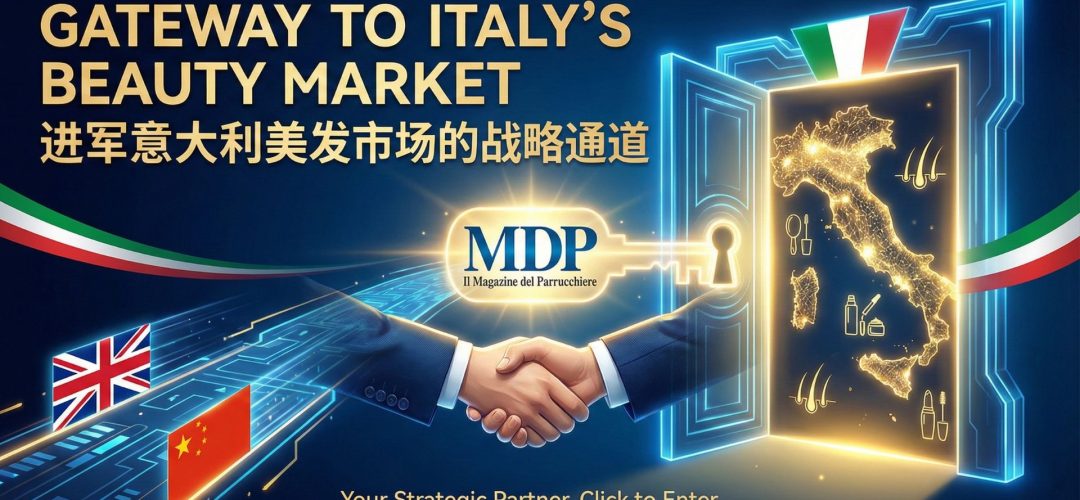 Strategic graphic showing a business handshake in front of a glowing portal shaped like Italy, with UK and Chinese flags, symbolizing international brands entering the Italian hair & beauty market via MDP.