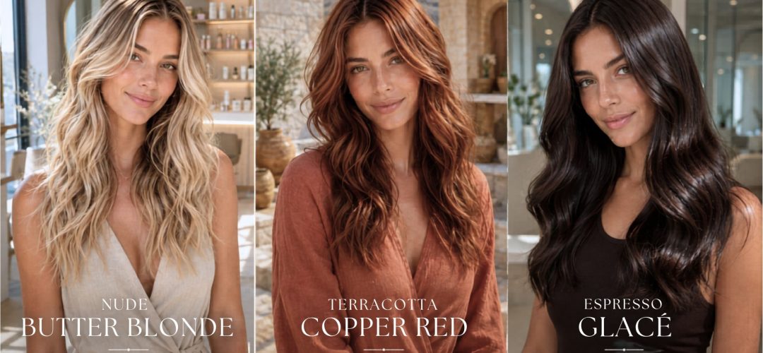 Horizontal editorial triptych showing three premium summer hair color trends on the same woman: Nude Butter Blonde with soft beach waves in a bright salon, Terracotta Copper Red in golden Mediterranean sunlight, and Espresso Glacé dark brown with ultra-glossy shine in an elegant indoor setting.