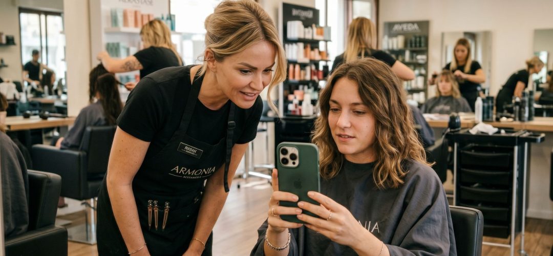 A blonde hair stylist wearing a black apron with the "ARMONIA" logo is leaning over to look at a green iPhone held by a brunette client who is sitting in a salon chair and wearing a dark grey drape. They are both looking at the screen with interested expressions. The background is a busy professional hair salon with other stylists, clients, and product shelves.