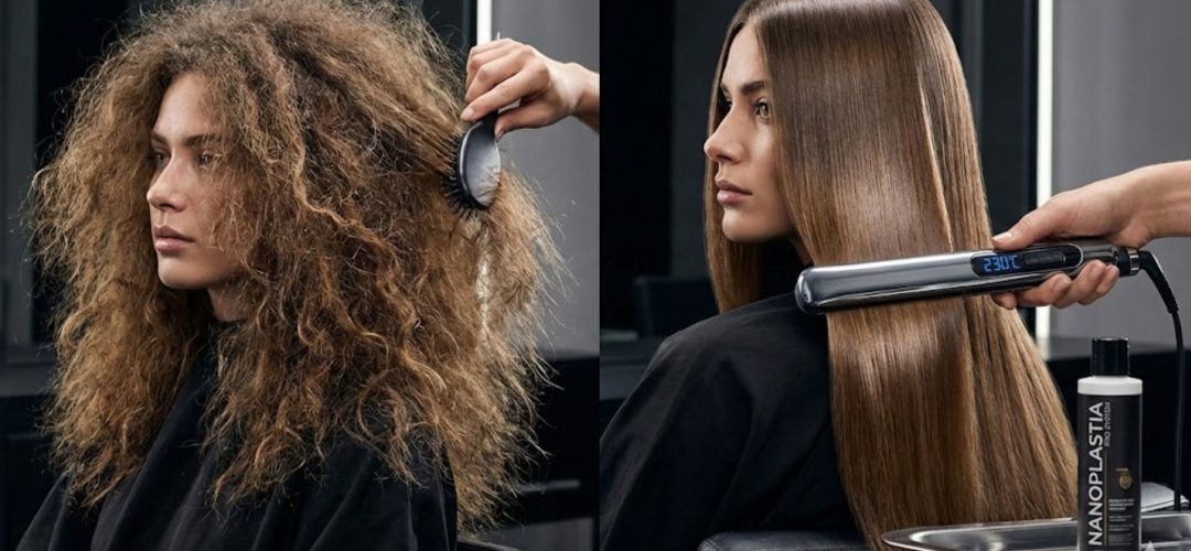 Nanoplastia 2026 realistic before and after comparison of professional straightening treatment on frizzy hair in a salon.