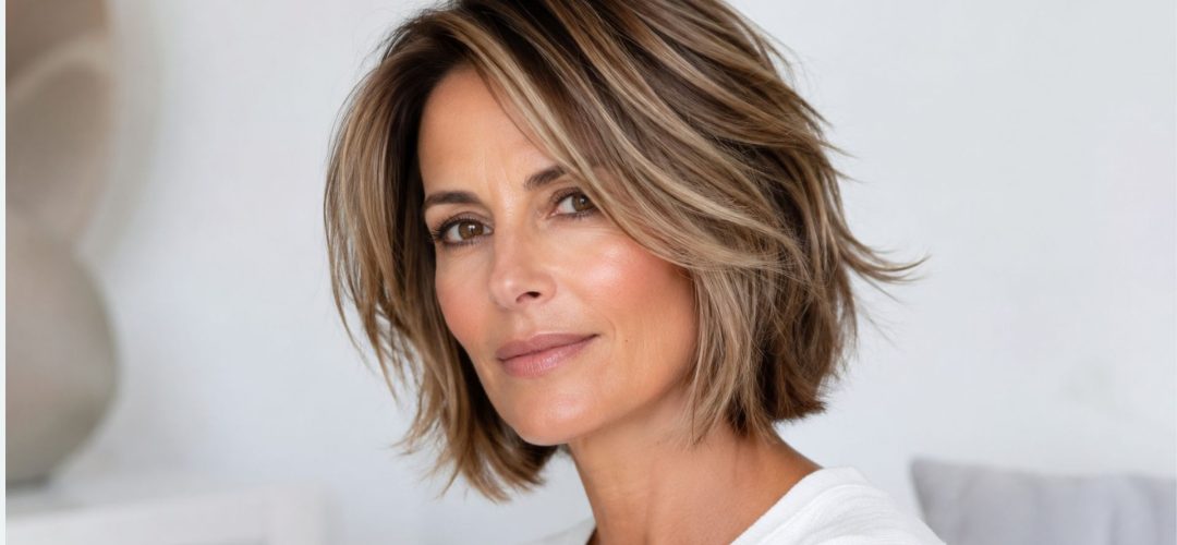 Donna over 40 con taglio corto texturizzato e balayage delicato, con sfumature leggere che danno profondità ai capelli e luminosità al viso.