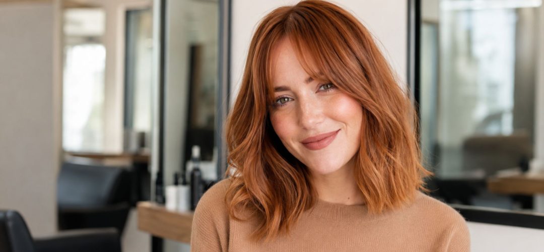 Modella in salone con capelli color rame soft copper, taglio long bob e frangia a tendina.