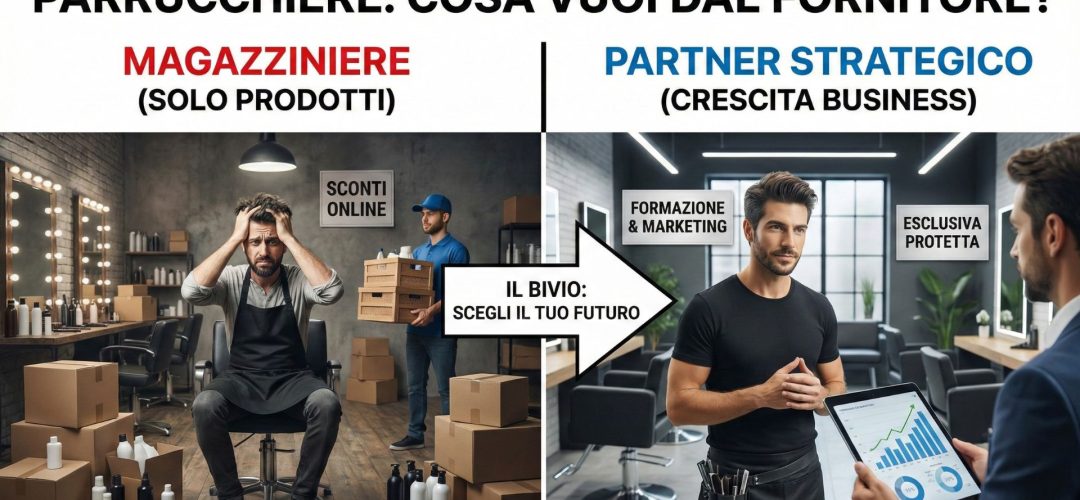 Confronto tra fornitore parrucchiere magazziniere con scatoloni e partner strategico business per salone.