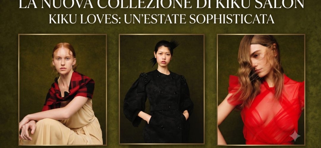 Banner editoriale della collezione KIKU LOVES di Kiku Salon con tre modelle che mostrano i trend colore Toasted Brunette, Bitter Chocolate e Nectarine Copper su sfondo verde oliva.