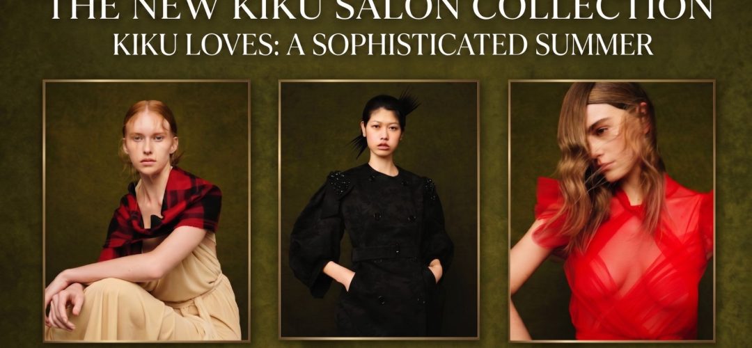 Editorial banner of Kiku Salon's KIKU LOVES collection featuring three models showcasing Toasted Brunette, Bitter Chocolate, and Nectarine Copper hair colors against an olive green background.