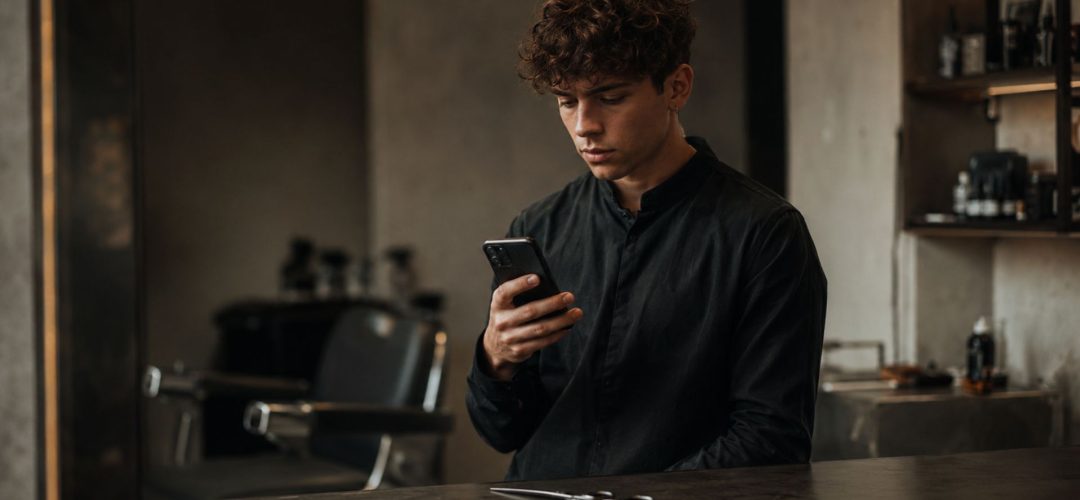 Giovane parrucchiere in un barbershop moderno guarda lo smartphone con espressione vuota, mentre una forbice è appoggiata sul bancone in primo piano; sullo sfondo si vede una poltrona da lavoro sfocata in un’atmosfera scura e cinematografica.