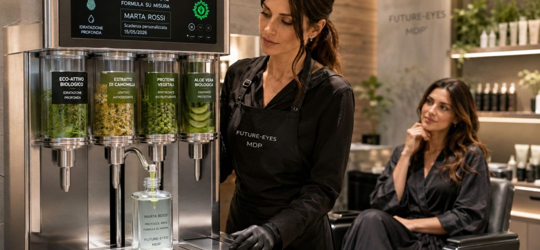 Stazione di miscelazione tecnologica in un salone di bellezza che crea una formula di prodotto personalizzata ed ecologica basata su un algoritmo.