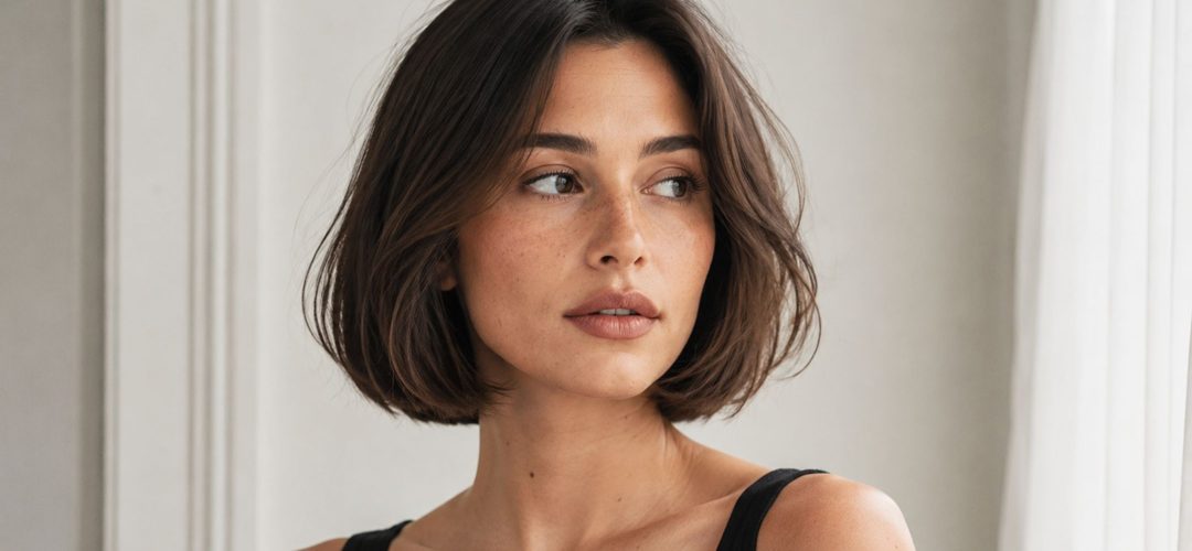 Modella con Capri Bob castano, volume naturale e riga centrale, ritratta a mezzo busto in luce naturale.