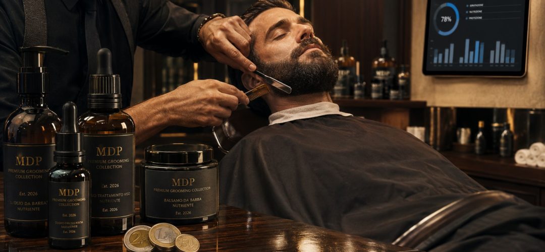 Barbiere professionista esegue un trattamento barba premium su un cliente in un barber shop italiano di lusso.