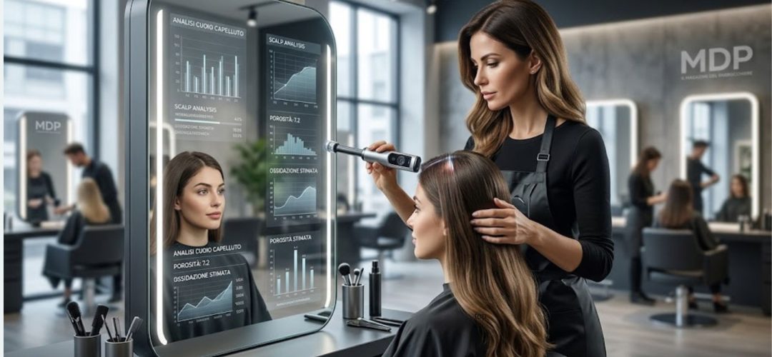 Diagnosi aumentata in un salone di bellezza futuristico con parrucchiera che usa uno scanner per capelli e specchio smart con grafici digitali AI.
