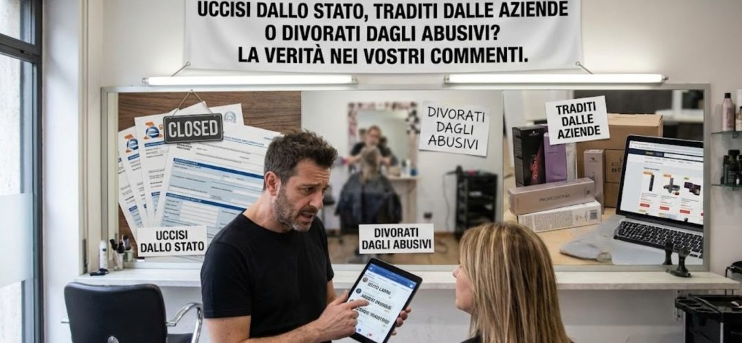 Un parrucchiere stressato all'interno del suo salone mostra a una cliente un tablet con commenti social. Sopra lo specchio un grande striscione recita: "LA GUERRA DEI SALONI: UCCISI DALLO STATO, TRADITI DALLE AZIENDE O DIVORATI DAGLI ABUSIVI? LA VERITÀ NEI VOSTRI COMMENTI.". Lo specchio riflette vari elementi: a sinistra, moduli dell'Agenzia delle Entrate e un cartello "CLOSED - UCCISI DALLO STATO"; al centro, note con scritto "DIVORATI DAGLI ABUSIVI"; a destra, un computer con un e-commerce di prodotti e note con scritto "TRADITI DALLE AZIENDE".
