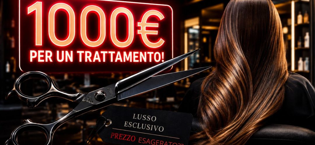 Primo piano di forbici professionali da parrucchiere appese con un'etichetta nera con testo in oro "LUSSO ESCLUSIVO" e testo in rosso "PREZZO ESAGERATO??". Dietro, una donna con lunghi capelli castani ondulati con riflessi (balayage) seduta in un salone premium. Un grande cartello al neon rosso luminoso recita "1000€ PER UN TRATTAMENTO!". L'ambientazione è scura e lussuosa.