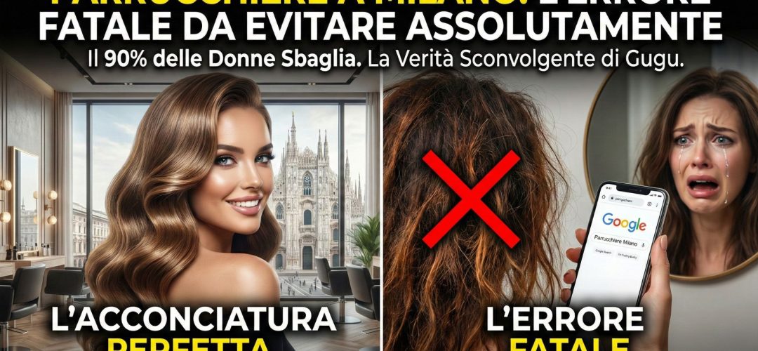 Immagine divisa a metà che mette a confronto un'acconciatura perfetta in un lussuoso salone di Milano con vista sul Duomo, e una donna disperata con i capelli rovinati che cerca un parrucchiere su Google tramite smartphone.