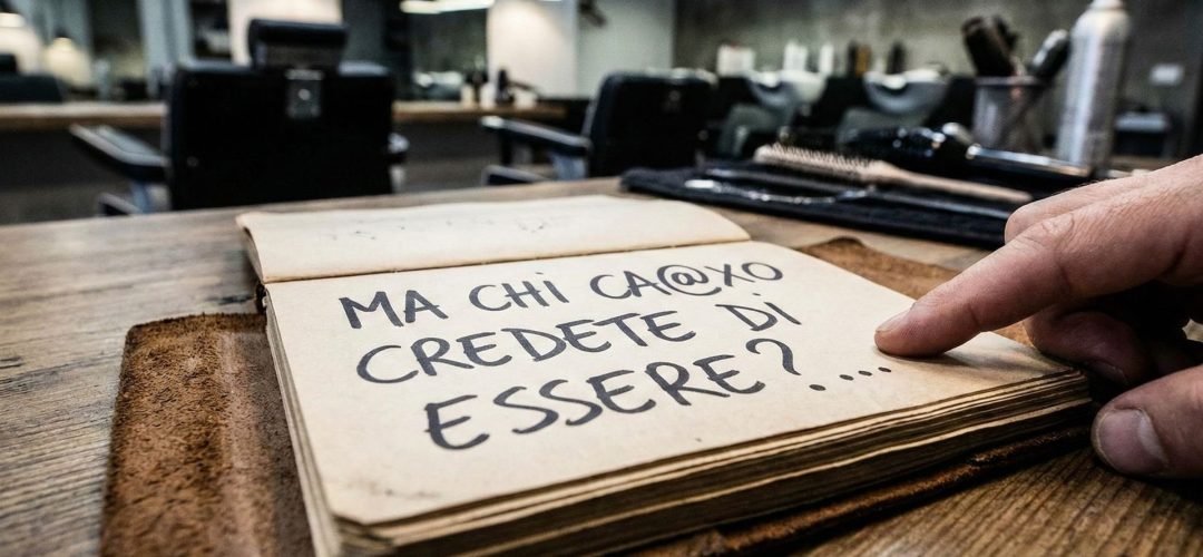 Primo piano di un taccuino appoggiato sul tavolo di un salone di parrucchiere vuoto, con una mano che indica la scritta provocatoria "MA CHI CA@XO CREDETE DI ESSERE?...".