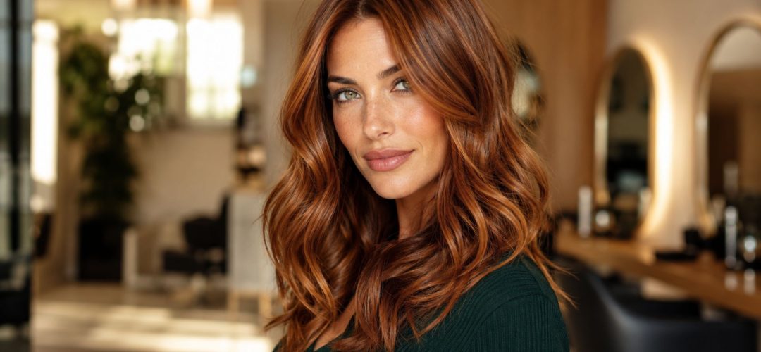 Modella vista da dietro in salone professionale, con capelli Soft Copper lunghi e mossi, ricchi di riflessi rame caldo e luminosi.