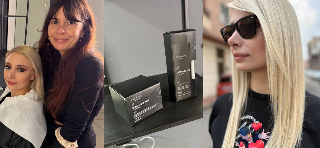 Un'immagine composita a tre pannelli che illustra il percorso di ricostruzione capelli Roverhair Ultimate Nutris: la stilista Fede e la modella bionda in salone durante la diagnosi, le confezioni nere dei prodotti Ultimate Nutris e Filler Bond in esposizione, e infine la modella all'aperto che mostra capelli biondo platino visibilmente sani, lucenti e rinvigoriti.