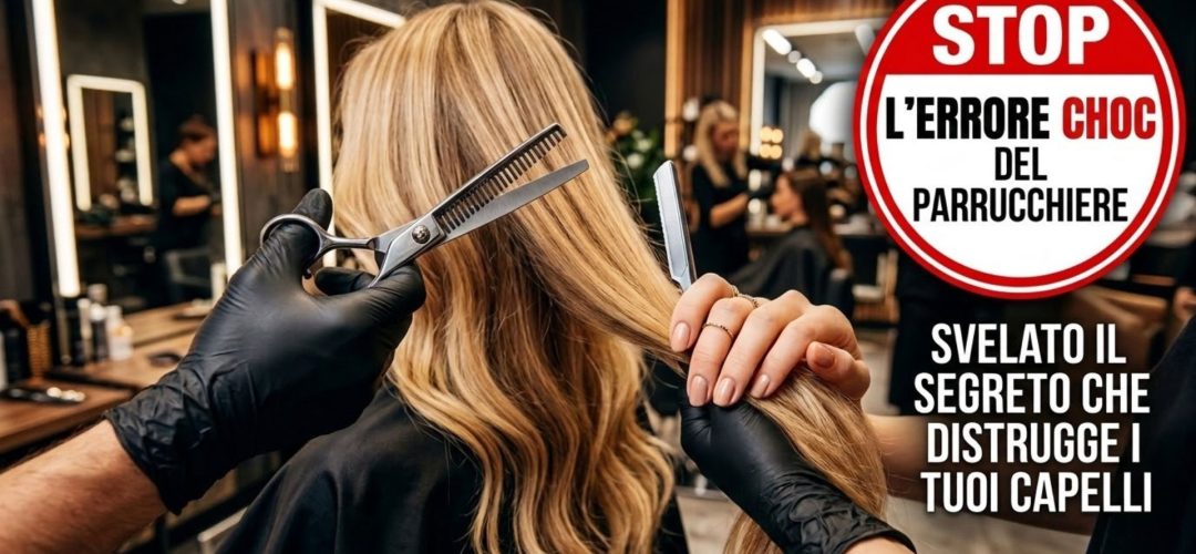 Una foto in prima persona che mostra mani guantate in lattice nero che tagliano una ciocca di lunghi capelli biondi con una sfiltatrice e una lama di rasoio in un lussuoso salone. Un cartello grafico sulla destra ha testo in italiano che recita 'STOP L'ERRORE CHOC DEL PARRUCCHIERE' e 'SVELATO IL SEGRETO CHE DISTRUGGE I TUOI CAPELLI'.