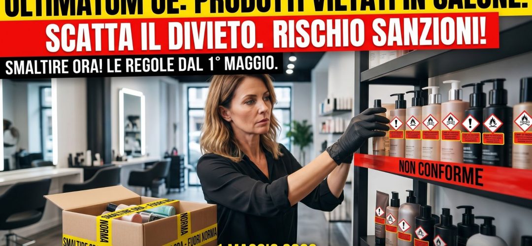 Immagine dell'articolo: parrucchiera che rimuove prodotti cosmetici vietati UE da uno scaffale in salone, con scatola di smaltimento in primo piano e titoli d'avvertimento su sanzioni e divieti.